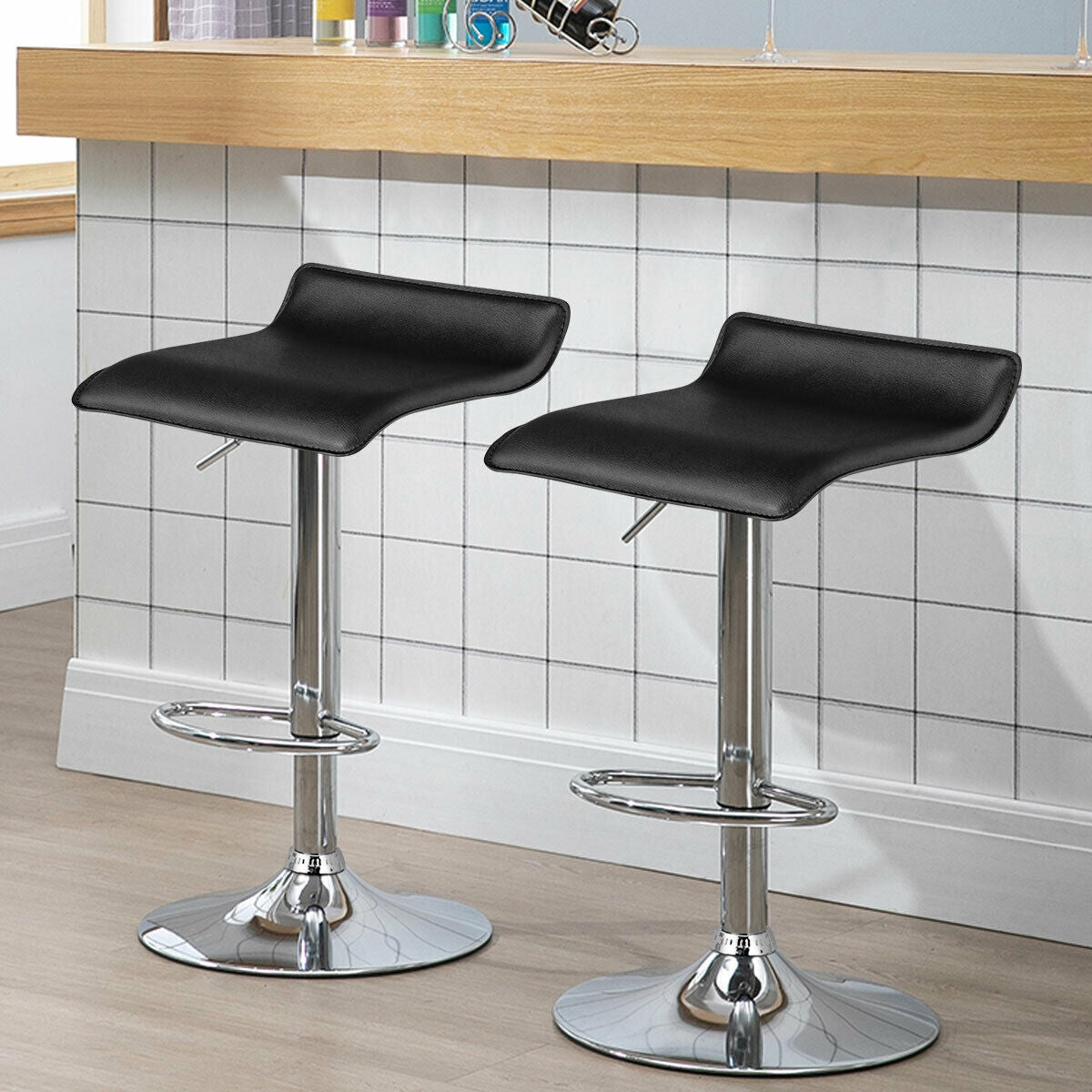 Set of 2 Adjustable PU Leather Backless Bar Stools, Black Bar Stools at Gallery Canada