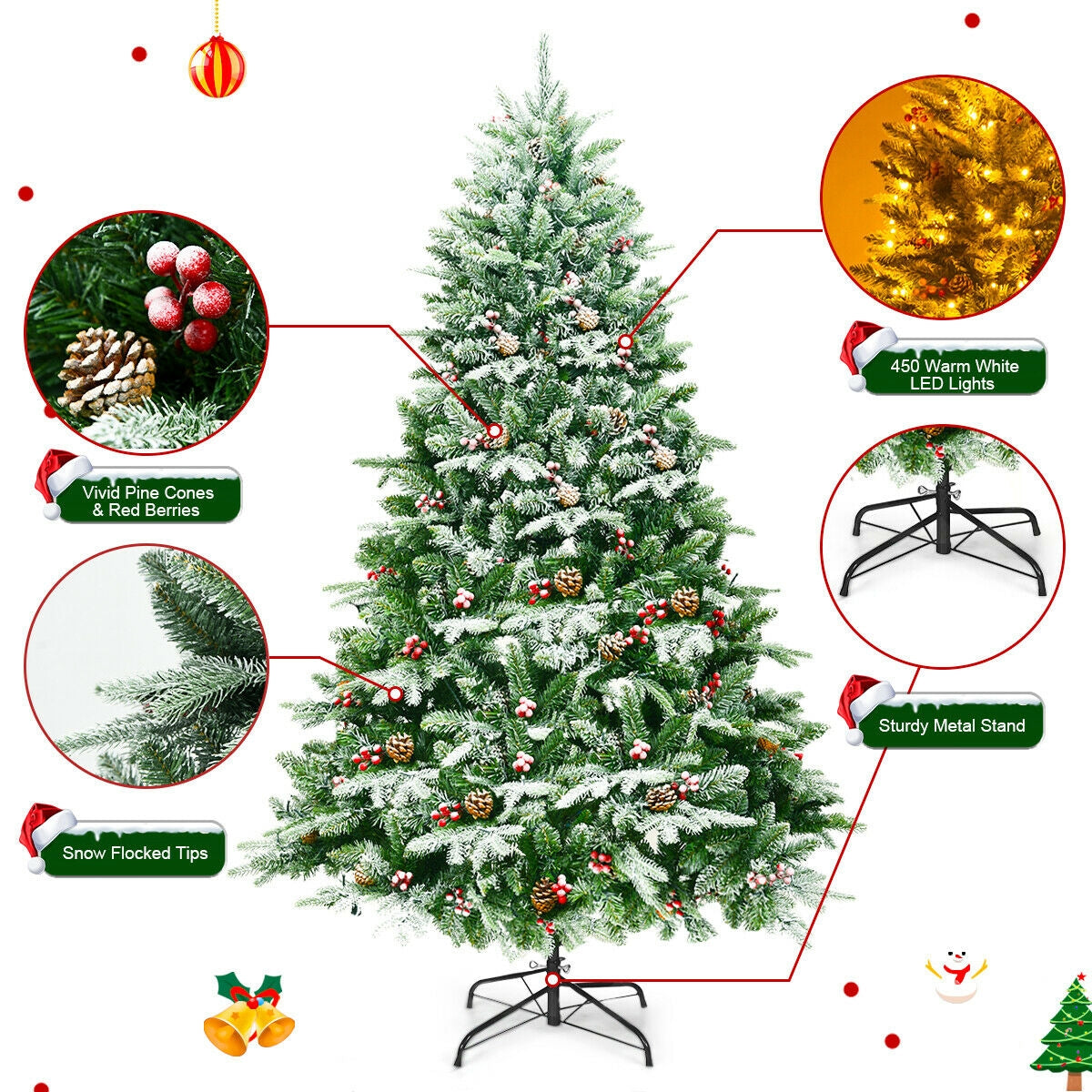 6.5 Feet Pre-lit Snow Flocked Hinged Artificial Christmas Tree, Green Christmas Tree at Gallery Canada