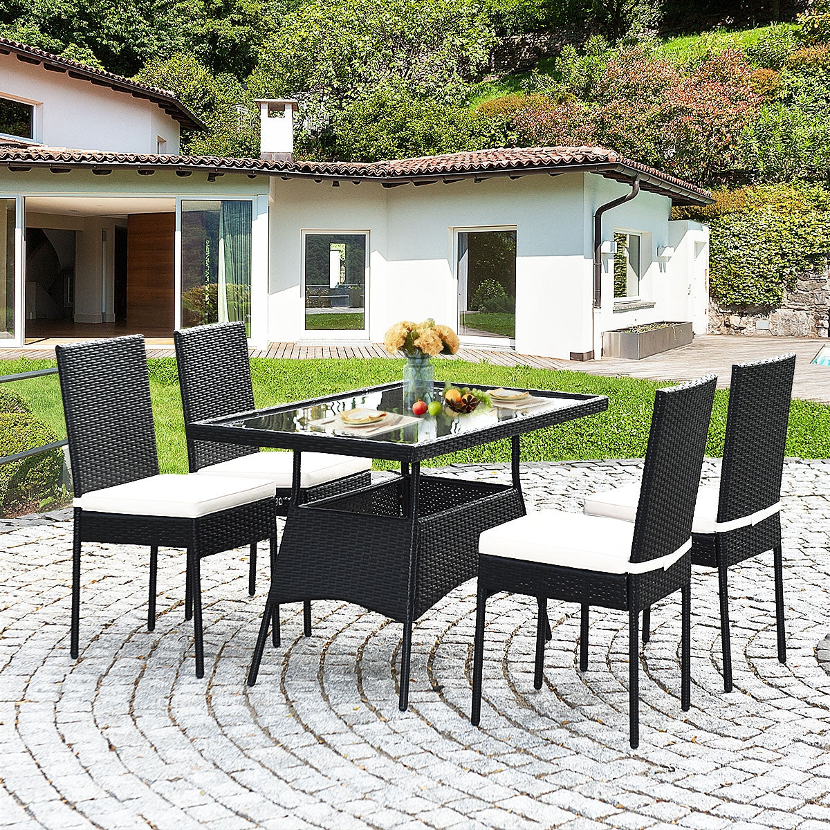 5 Pieces Outdaoor Patio Rattan Dining Set with Glass Top with Cushions, Black Patio Dining Sets at Gallery Canada