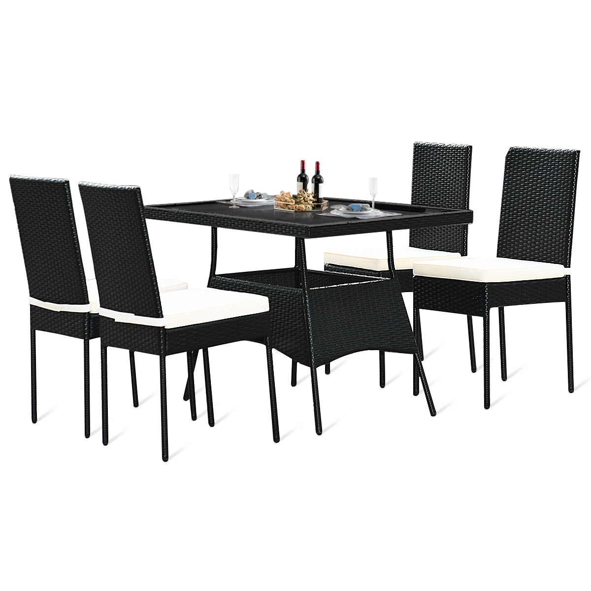 5 Pieces Outdaoor Patio Rattan Dining Set with Glass Top with Cushions, Black Patio Dining Sets at Gallery Canada