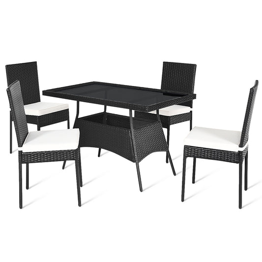5 Piece Patio Rattan Dining Set, Glass Top, Cushions, Black