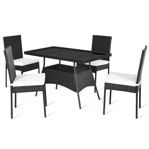5 Piece Patio Rattan Dining Set, Glass Top, Cushions, Black