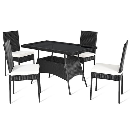 5 Piece Patio Rattan Dining Set, Glass Top, Cushions, Black