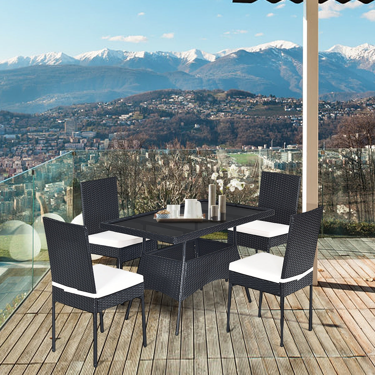 5 Pieces Outdaoor Patio Rattan Dining Set with Glass Top with Cushions, Black Patio Dining Sets at Gallery Canada