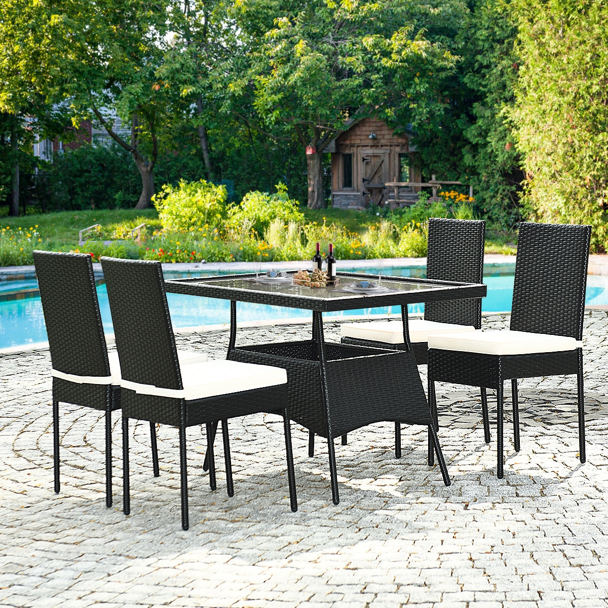 5 Pieces Outdaoor Patio Rattan Dining Set with Glass Top with Cushions, Black Patio Dining Sets at Gallery Canada