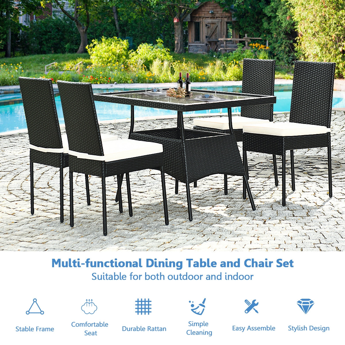 5 Pieces Outdaoor Patio Rattan Dining Set with Glass Top with Cushions, Black Patio Dining Sets at Gallery Canada