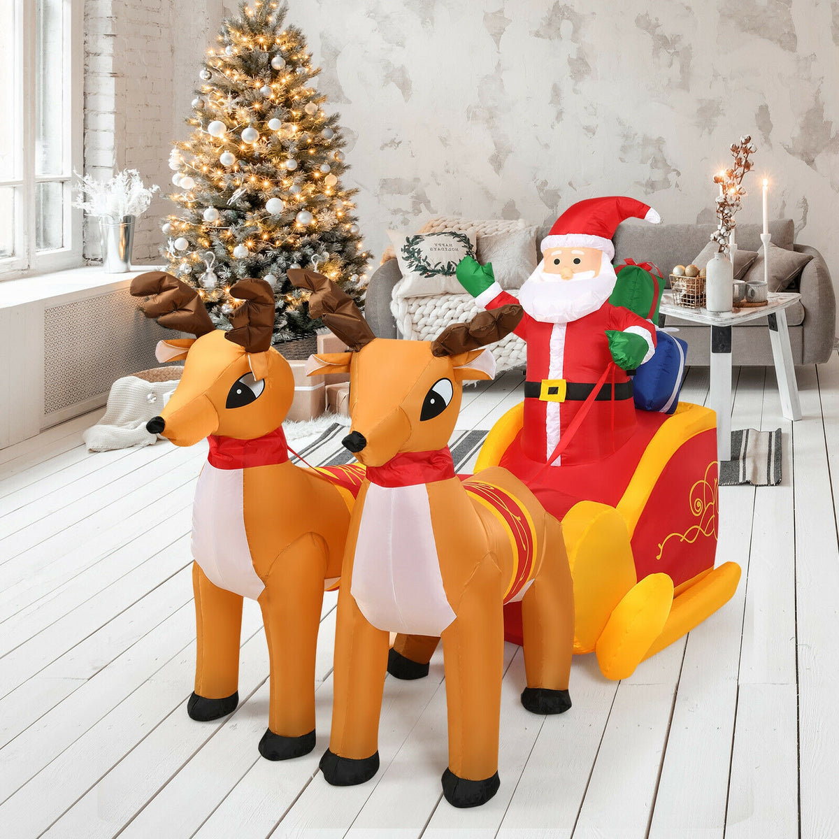 7.5 Feet Waterproof Inflatable Santa, Double Deer And Sled, Multicolor Christmas Inflatables at Gallery Canada