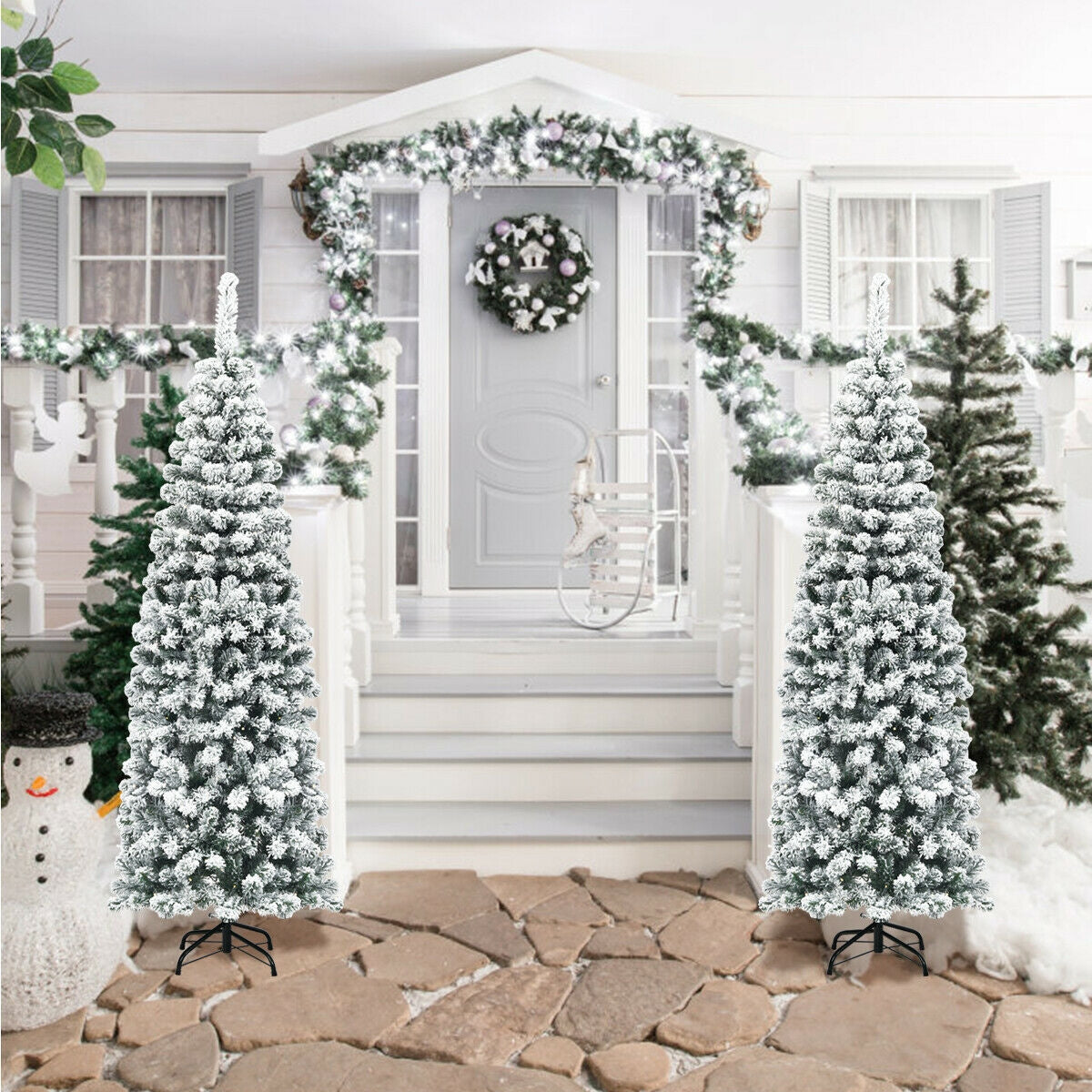 6 Feet Unlit Hinged Snow Flocked Artificial Pencil Christmas Tree with 500 Branch Tip, Green Christmas Tree at Gallery Canada