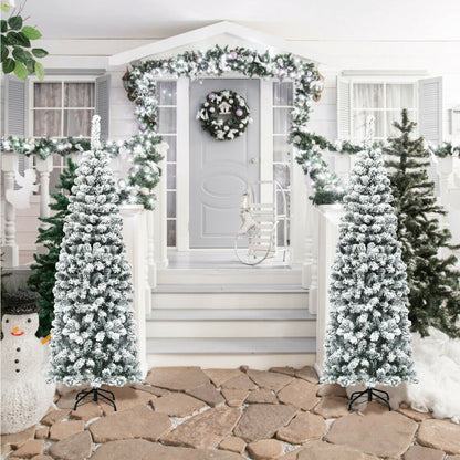 6 Feet Unlit Hinged Snow Flocked Artificial Pencil Christmas Tree with 500 Branch Tip, Green Christmas Tree at Gallery Canada