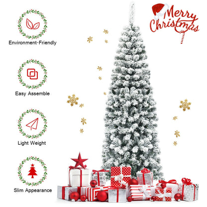 6 Feet Unlit Hinged Snow Flocked Artificial Pencil Christmas Tree with 500 Branch Tip, Green Christmas Tree at Gallery Canada