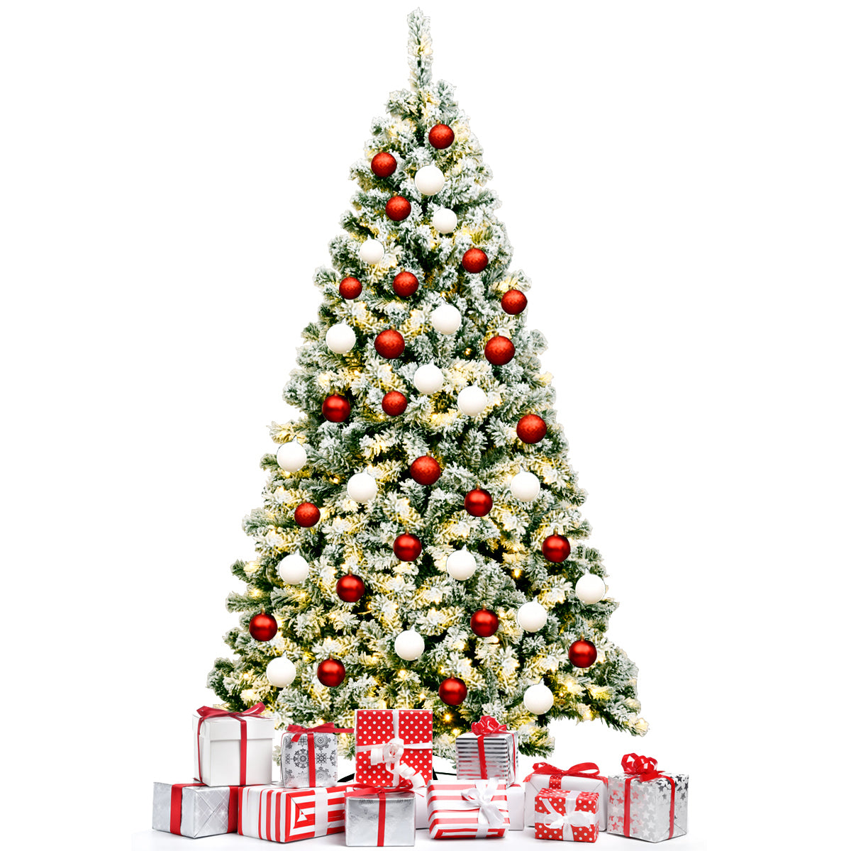 6 Feet Pre-Lit Snow Flocked Hinged Artificial Christmas Tree, Green Christmas Tree at Gallery Canada
