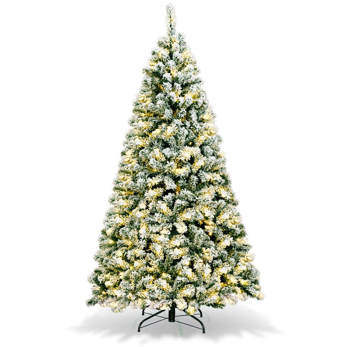 6 Feet Pre-Lit Snow Flocked Hinged Artificial Christmas Tree, Green Christmas Tree Green at Gallery Canada