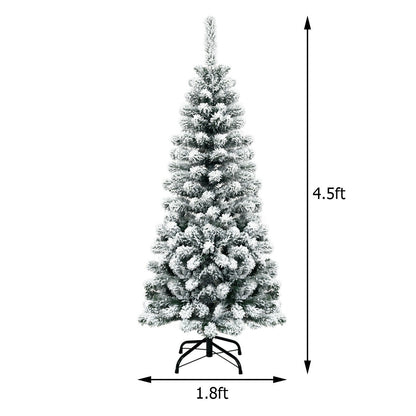 4.5 Feet Pre-Lit Snow Flocked Pencil Christmas Tree, 150 LED Lights, Green Christmas Tree at Gallery Canada