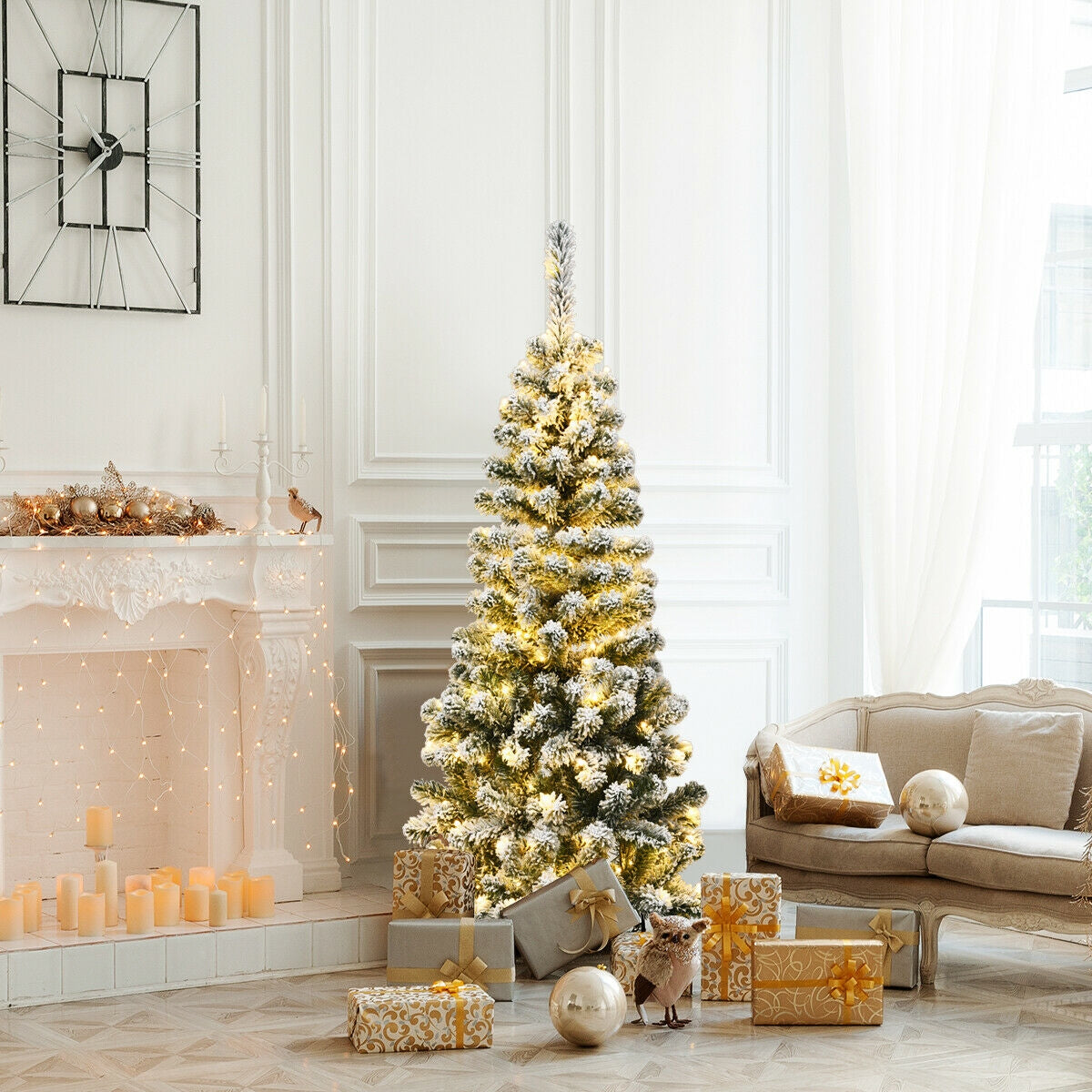 4.5 Feet Pre-Lit Snow Flocked Pencil Christmas Tree, 150 LED Lights, Green Christmas Tree at Gallery Canada