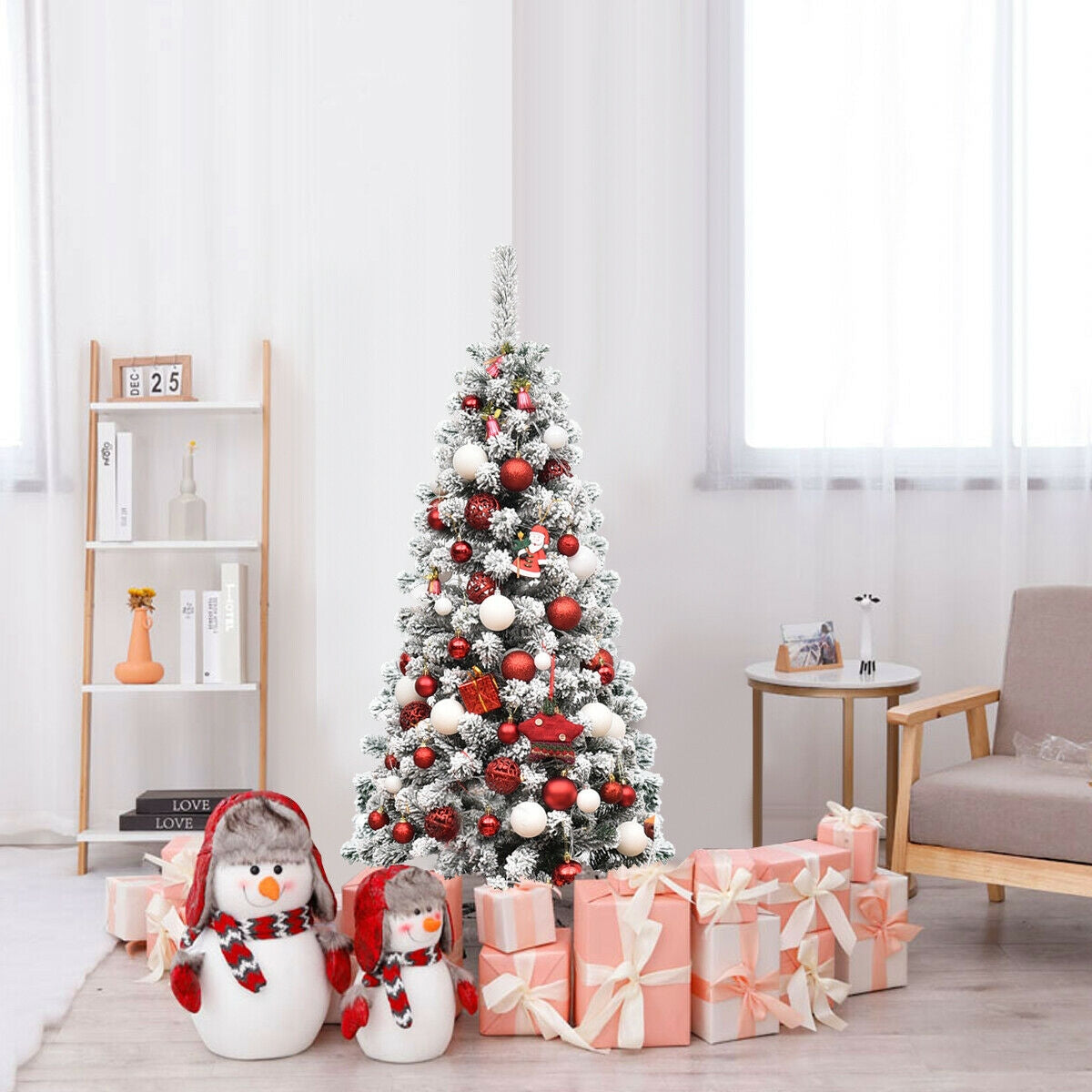 4.5 Feet Pre-Lit Snow Flocked Pencil Christmas Tree, 150 LED Lights, Green Christmas Tree at Gallery Canada