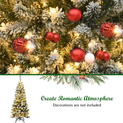 4.5 Feet Pre-Lit Snow Flocked Pencil Christmas Tree, 150 LED Lights, Green Christmas Tree at Gallery Canada