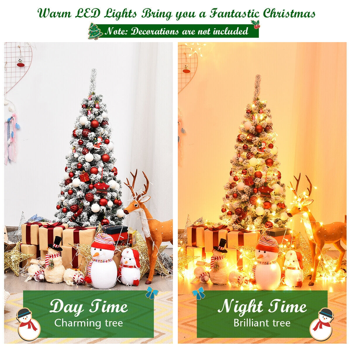 4.5 Feet Pre-Lit Snow Flocked Pencil Christmas Tree, 150 LED Lights, Green Christmas Tree at Gallery Canada