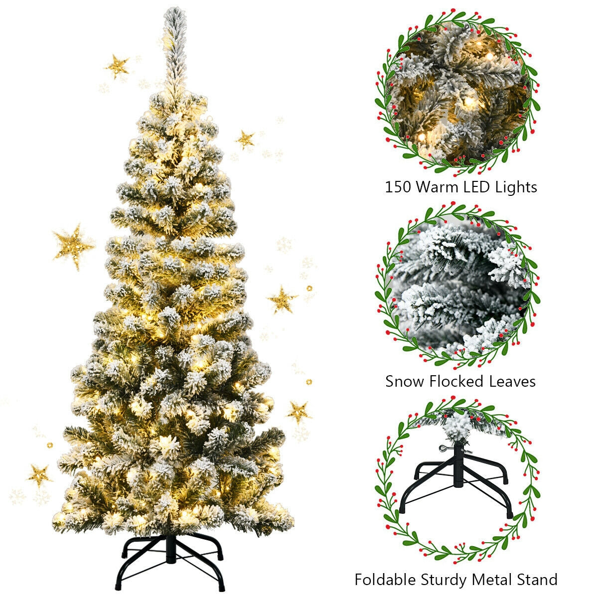 4.5 Feet Pre-Lit Snow Flocked Pencil Christmas Tree, 150 LED Lights, Green Christmas Tree at Gallery Canada