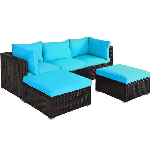 5 Piece Patio Rattan Sectional Ottoman Set, Blue