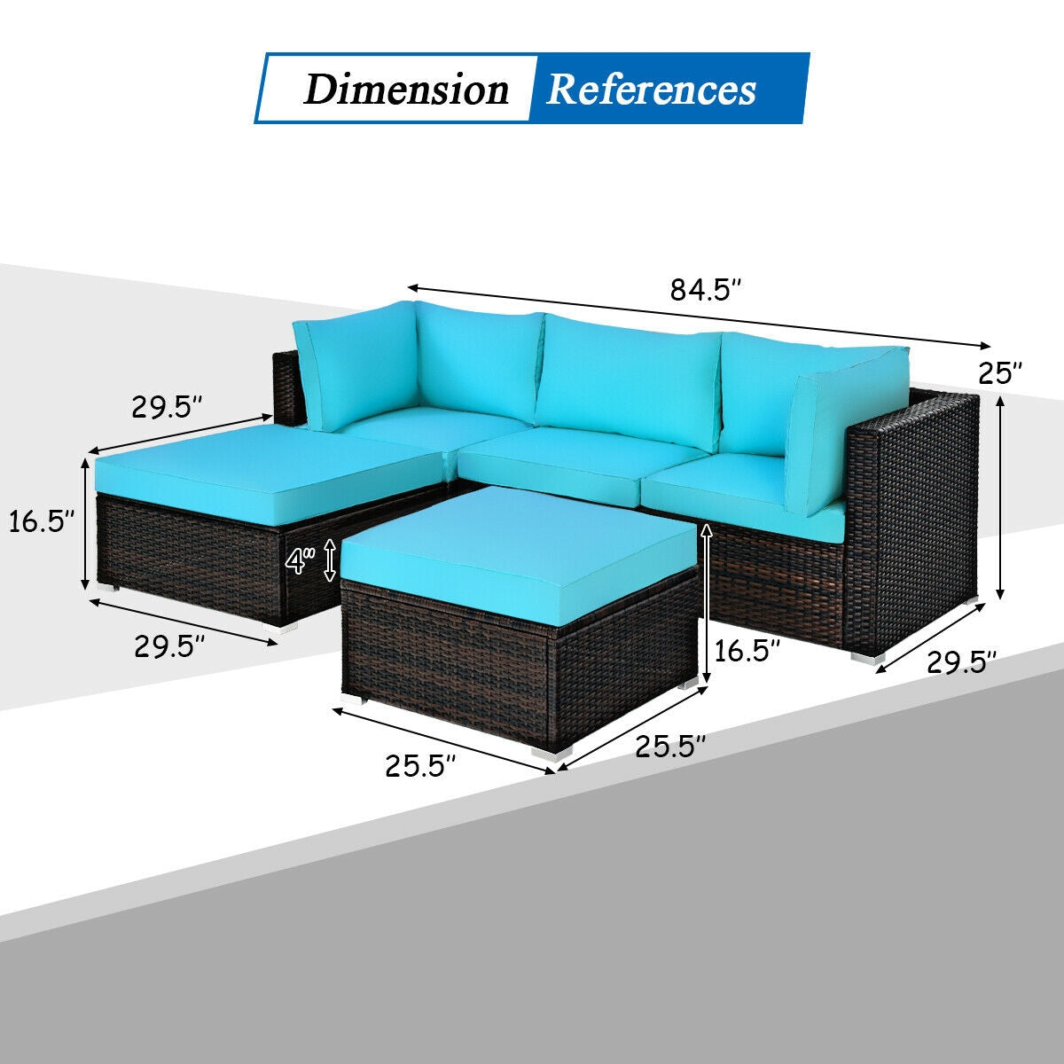 5 Pieces Patio Rattan Sectional Conversation Ottoman Furniture Set, Blue Outdoor Sectionals at Gallery Canada