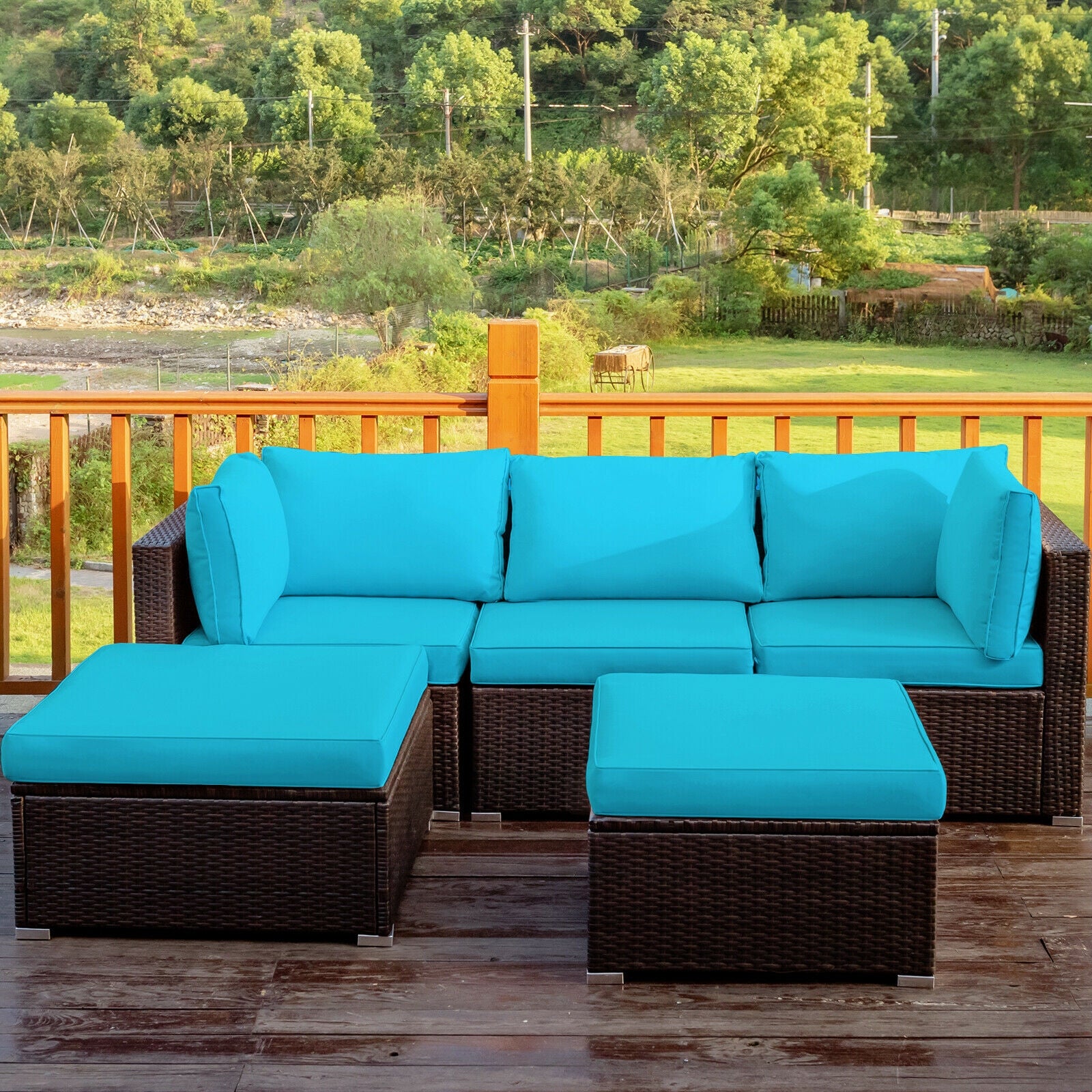 5 Pieces Patio Rattan Sectional Conversation Ottoman Furniture Set, Blue Outdoor Sectionals at Gallery Canada