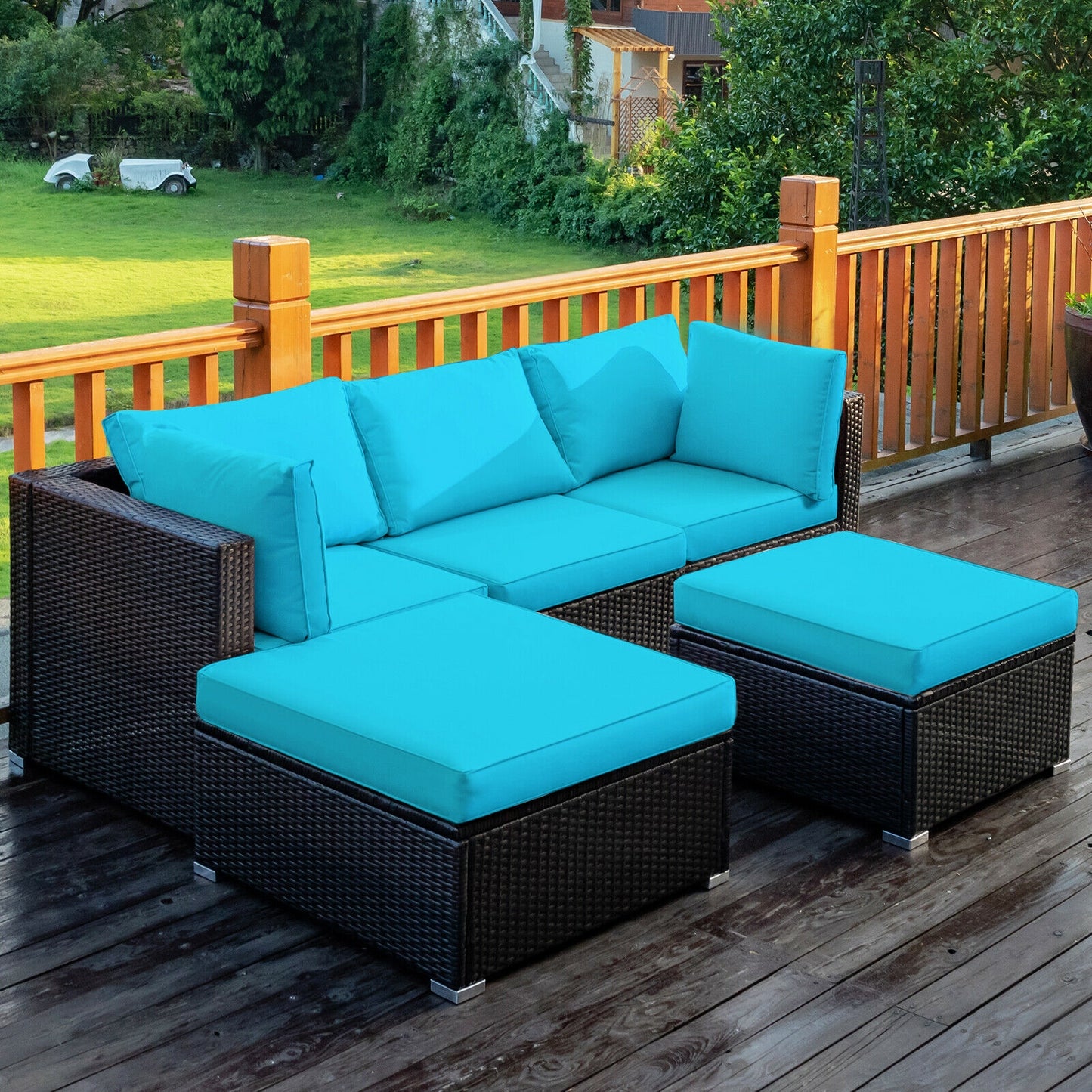 5 Pieces Patio Rattan Sectional Conversation Ottoman Furniture Set, Blue Outdoor Sectionals at Gallery Canada