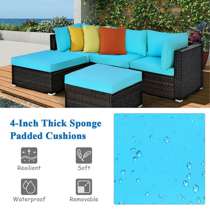 5 Pieces Patio Rattan Sectional Conversation Ottoman Furniture Set, Blue Outdoor Sectionals at Gallery Canada