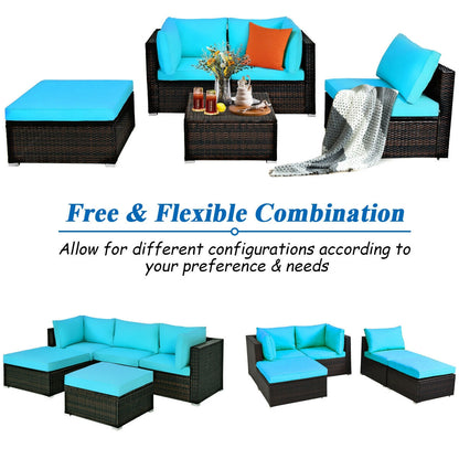 5 Pieces Patio Rattan Sectional Conversation Ottoman Furniture Set, Blue Outdoor Sectionals at Gallery Canada