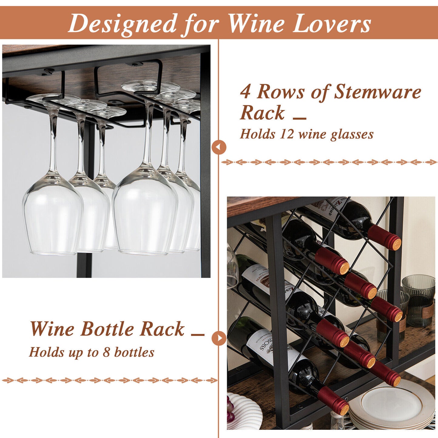 3-Tier Wine Bar Cabinet wit 8 Bottles Rack and 12 Glasses Hanger, Rustic Brown Baker's Racks at Gallery Canada