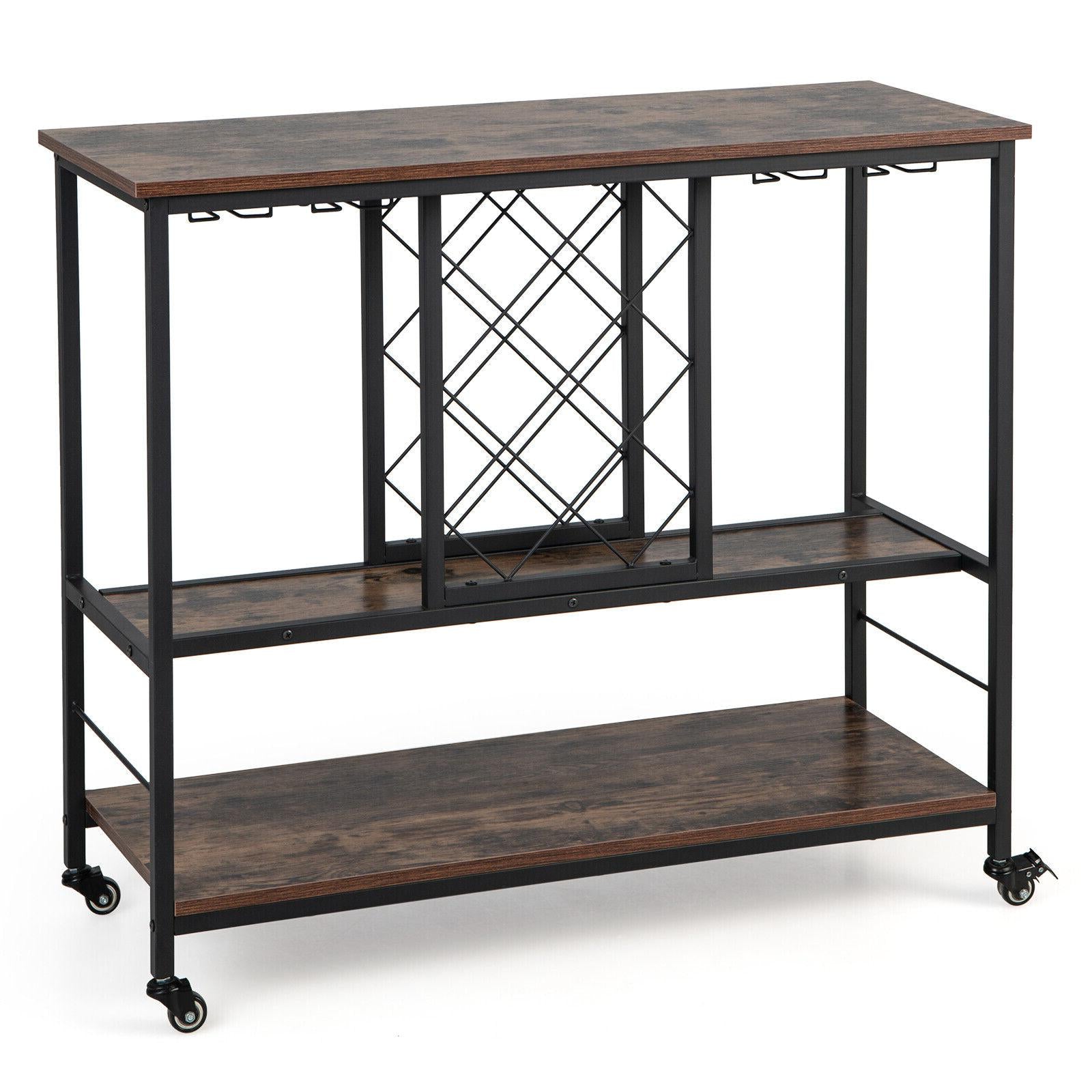 3-Tier Wine Bar Cabinet wit 8 Bottles Rack and 12 Glasses Hanger, Rustic Brown Baker's Racks at Gallery Canada
