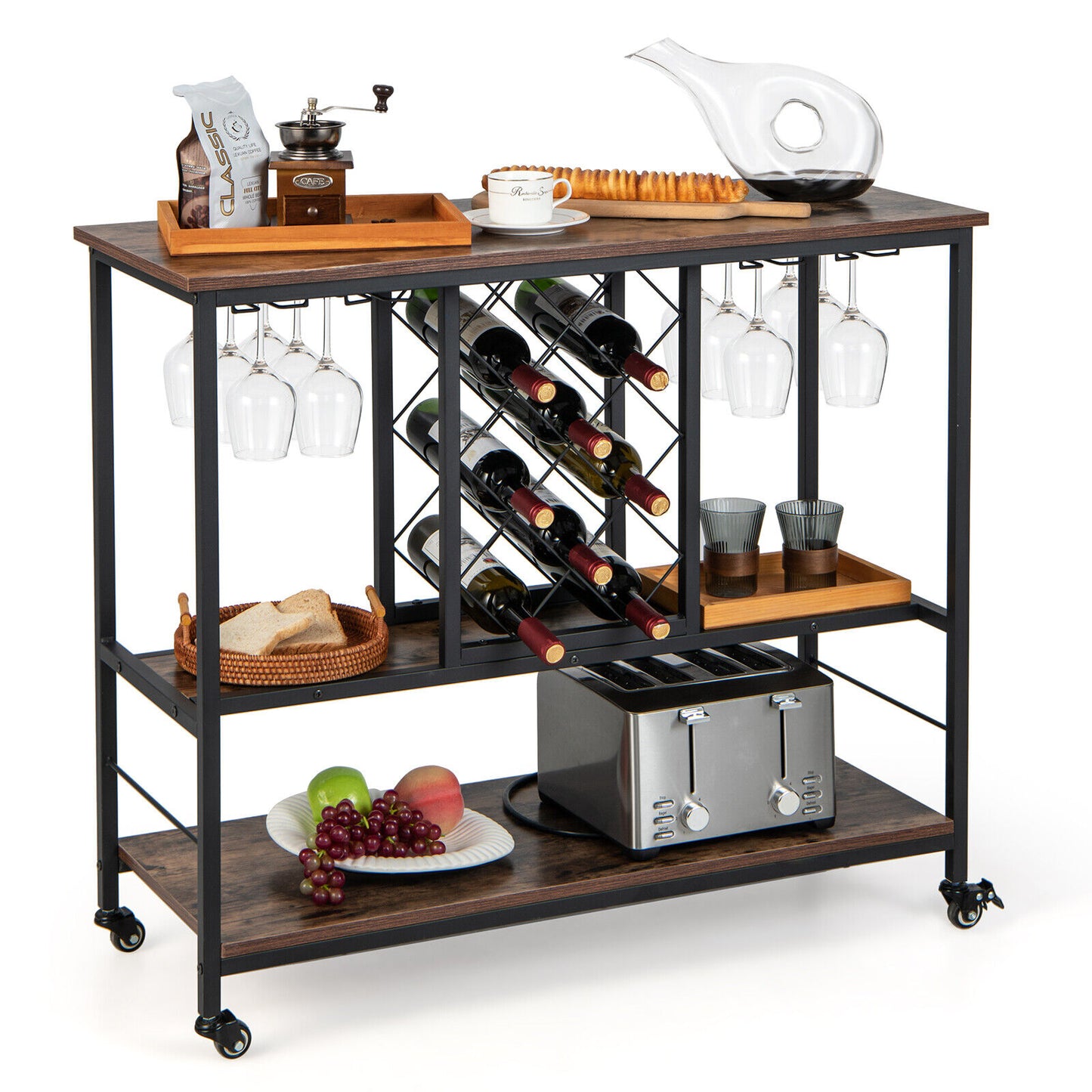 3-Tier Wine Bar Cabinet wit 8 Bottles Rack and 12 Glasses Hanger, Rustic Brown Baker's Racks at Gallery Canada