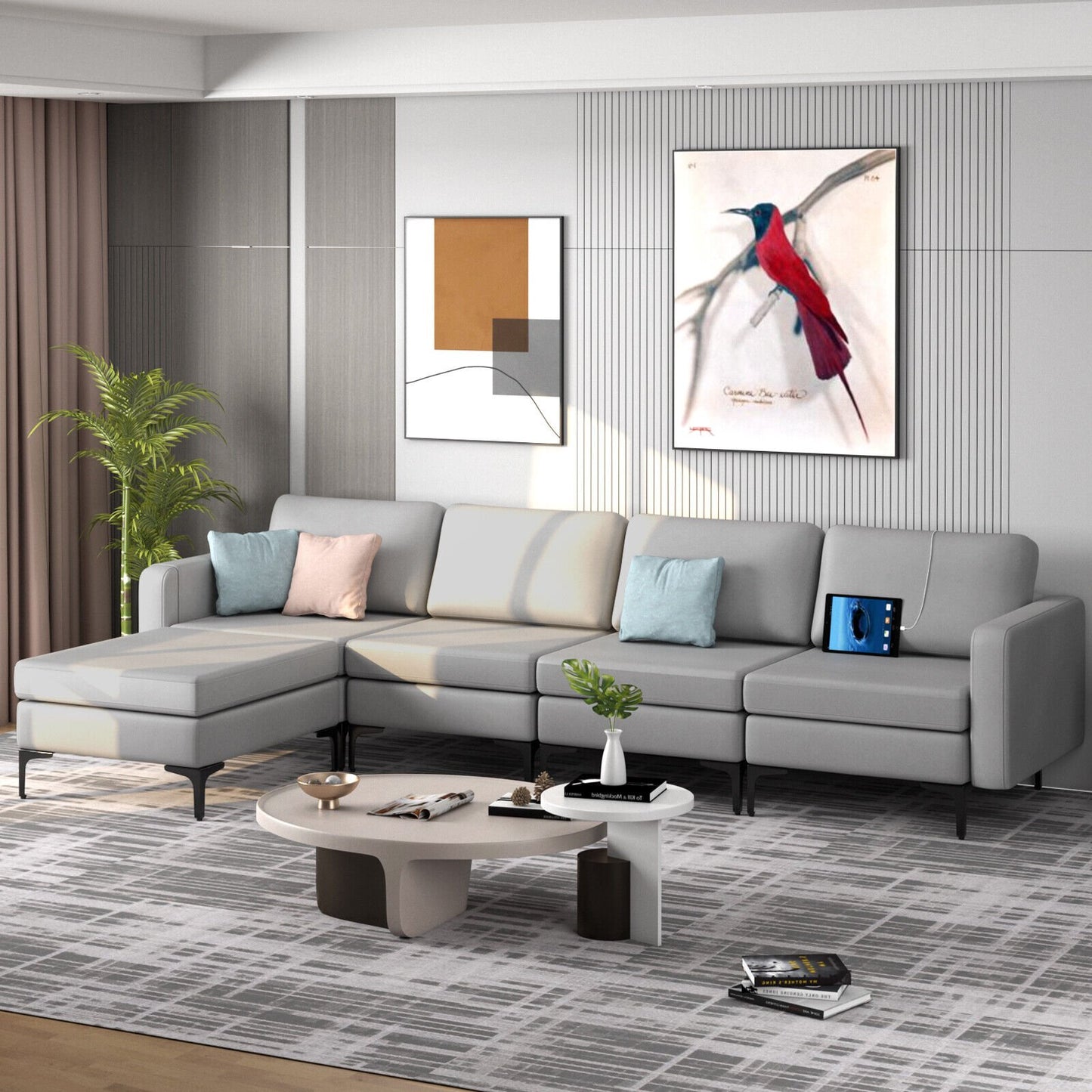 Modular L-shaped Sectional Sofa with Reversible Ottoman and 2 USB Ports, Light Gray Sofas & Loveseats at Gallery Canada