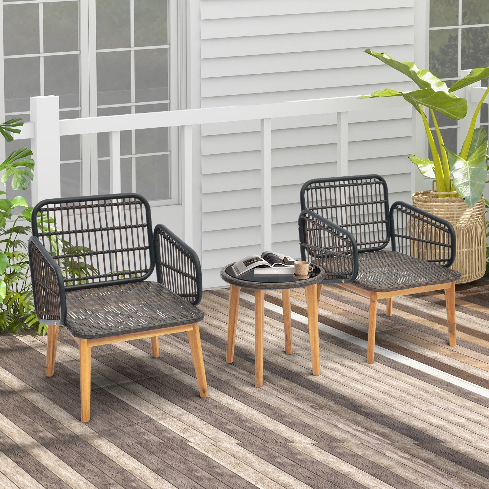 3 Pieces Patio Furniture Set with Cushioned Chairs and Tempered Glass Side Table, Black Patio Conversation Sets at Gallery Canada
