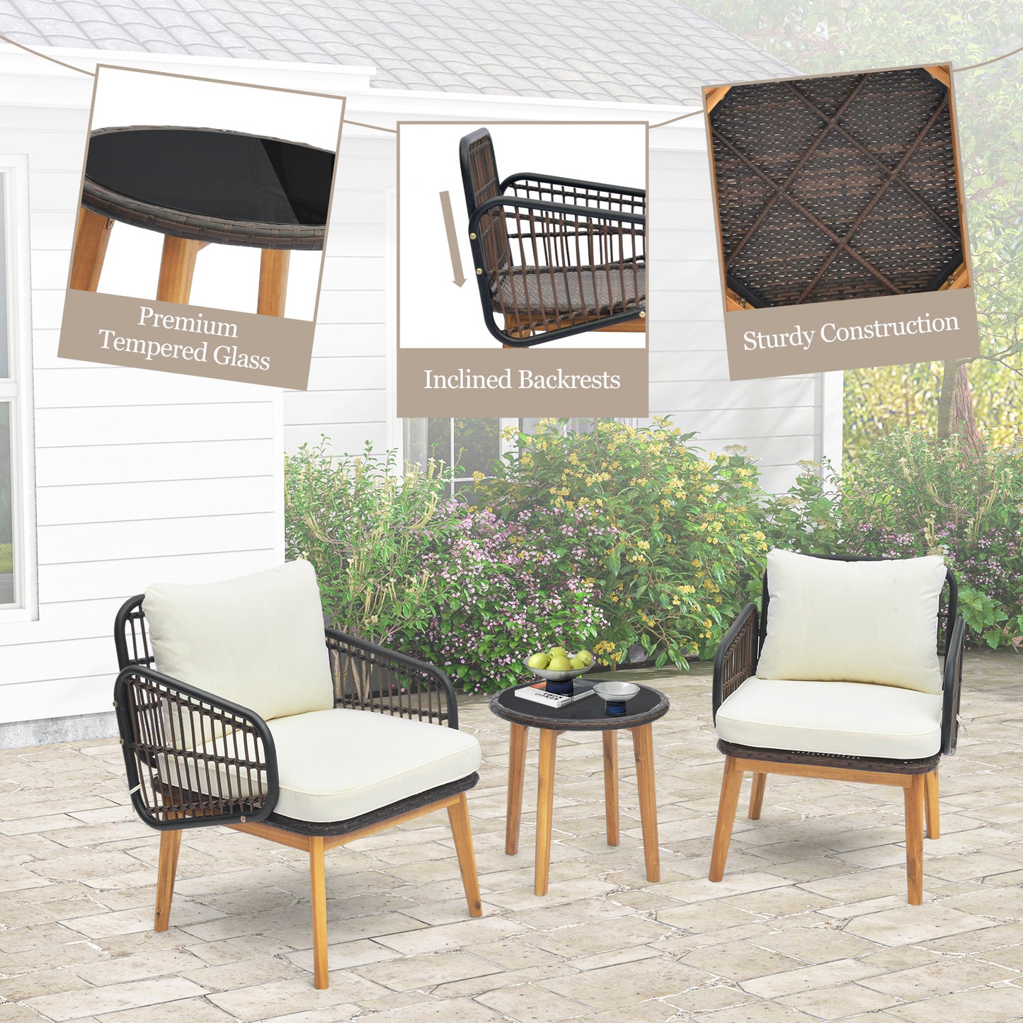 3 Pieces Patio Furniture Set with Cushioned Chairs and Tempered Glass Side Table, Black Patio Conversation Sets at Gallery Canada
