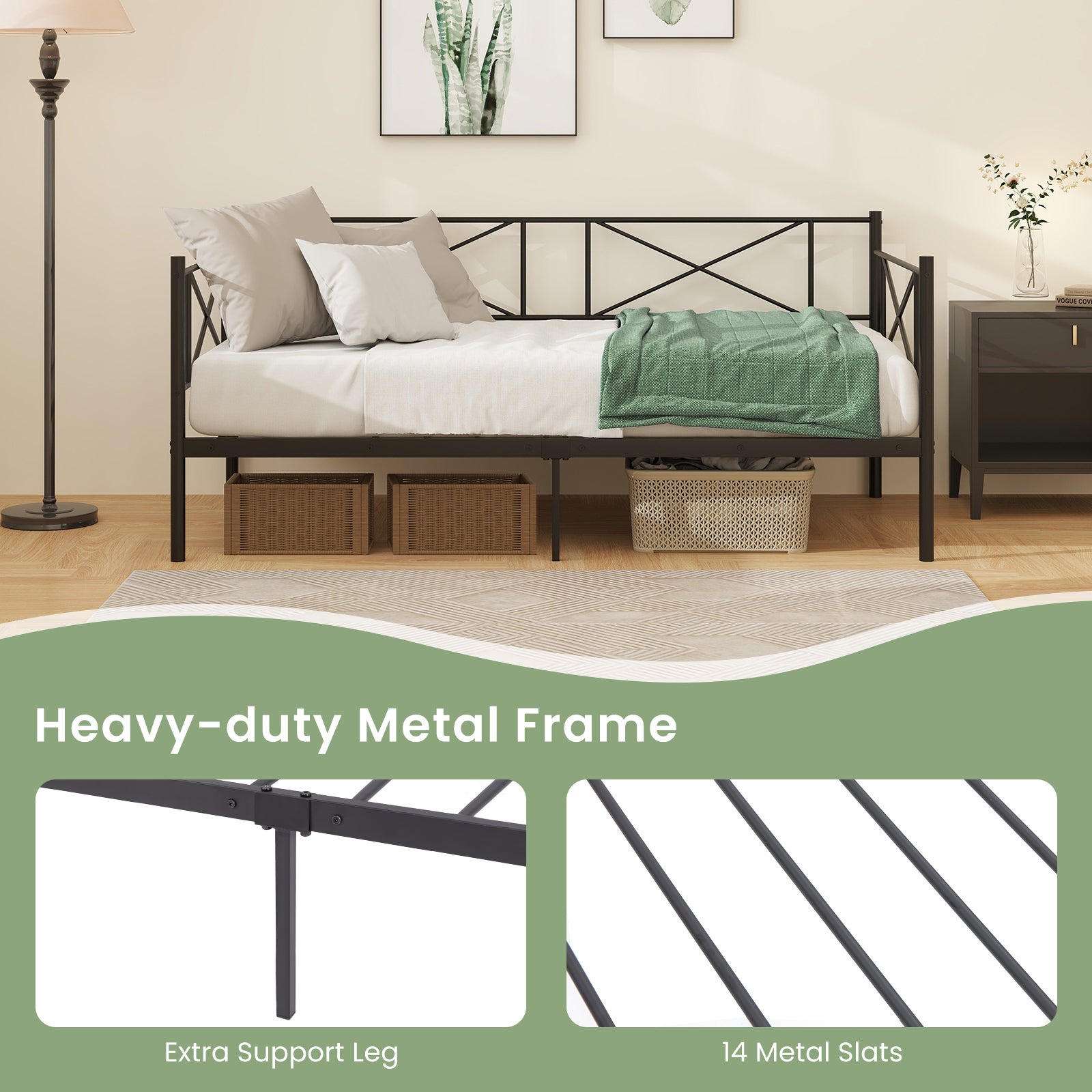 Twin Size Platform Bed with Heavy-duty Metal Slat Support, Black Simple Bed Frame at Gallery Canada