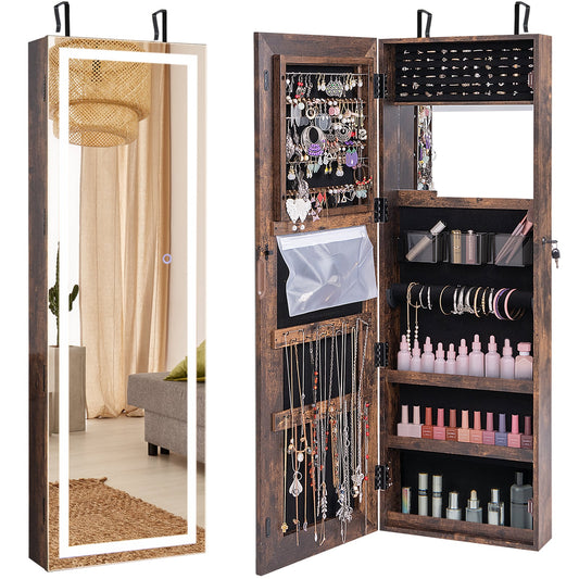 Armoire à Bijoux avec Miroir Pleine Longueur, 2 Lumières LED, Brun Rustique