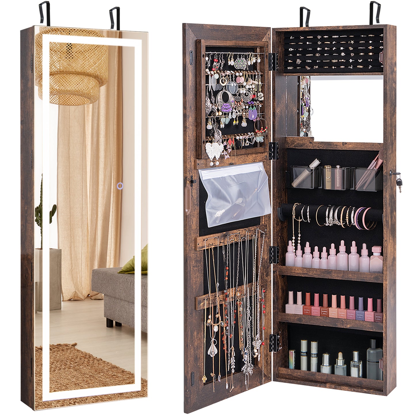 Mirrored Jewelry Armoire with Full Length Mirror and 2 Internal LED Lights, Rustic Brown Jewelry Armoires Rustic Brown at Gallery Canada