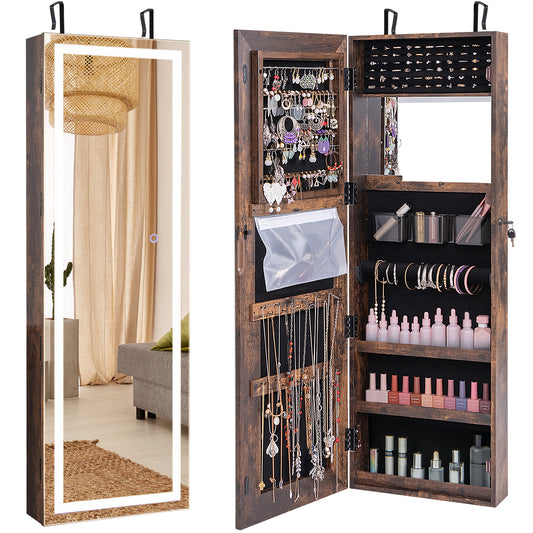 Mirrored Jewelry Armoire, Full Length Mirror, 2 LED Lights, Rustic Brown Jewelry Armoires Rustic Brown at Gallery Canada