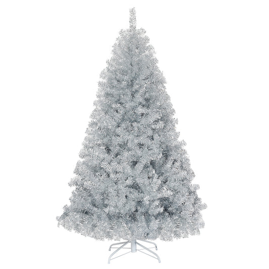 6 Feet Hinged Unlit Artificial Silver Tinsel Christmas Tree with Metal Stand, Silver Christmas Tree Silver at Gallery Canada