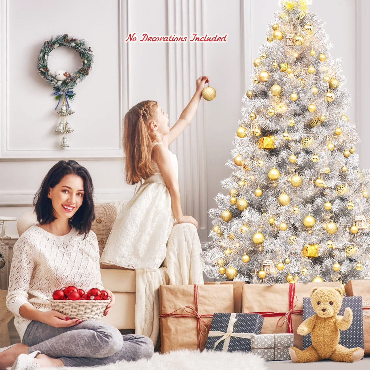 6 Feet Hinged Unlit Artificial Silver Tinsel Christmas Tree with Metal Stand, Silver Christmas Tree at Gallery Canada