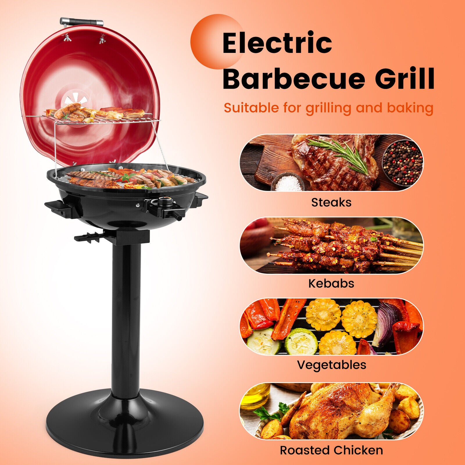 1600W Electric BBQ Grill with Removable Non-Stick Warming Rack, Red Outdoor Grills at Gallery Canada
