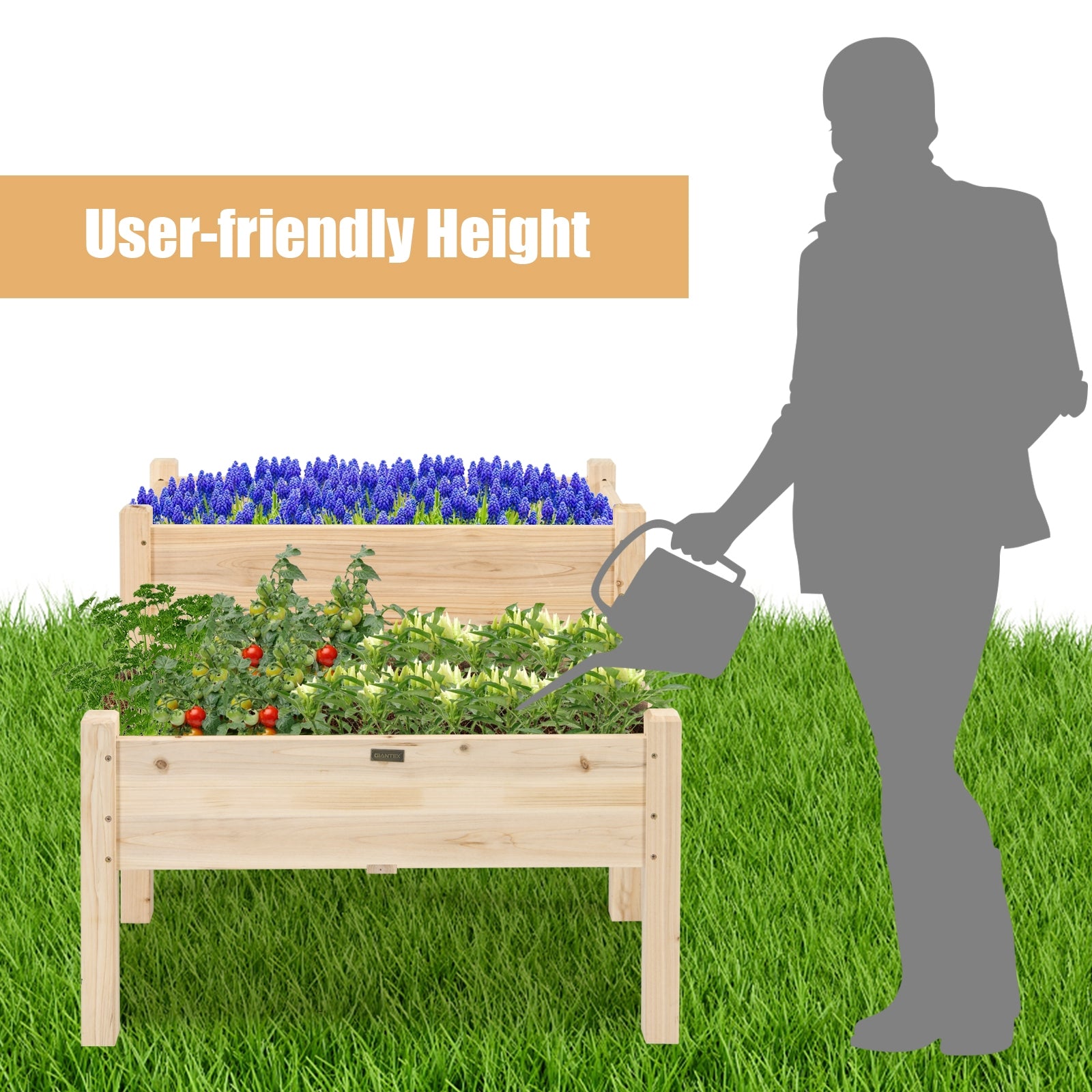 2 Tier Wooden Elevated Planter Box with Legs and Drain Holes, Natural Raised Garden Beds at Gallery Canada