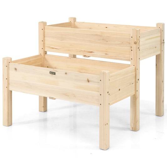 2 Tier Wooden Elevated Planter Box with Legs and Drain Holes, Natural Raised Garden Beds Natural at Gallery Canada