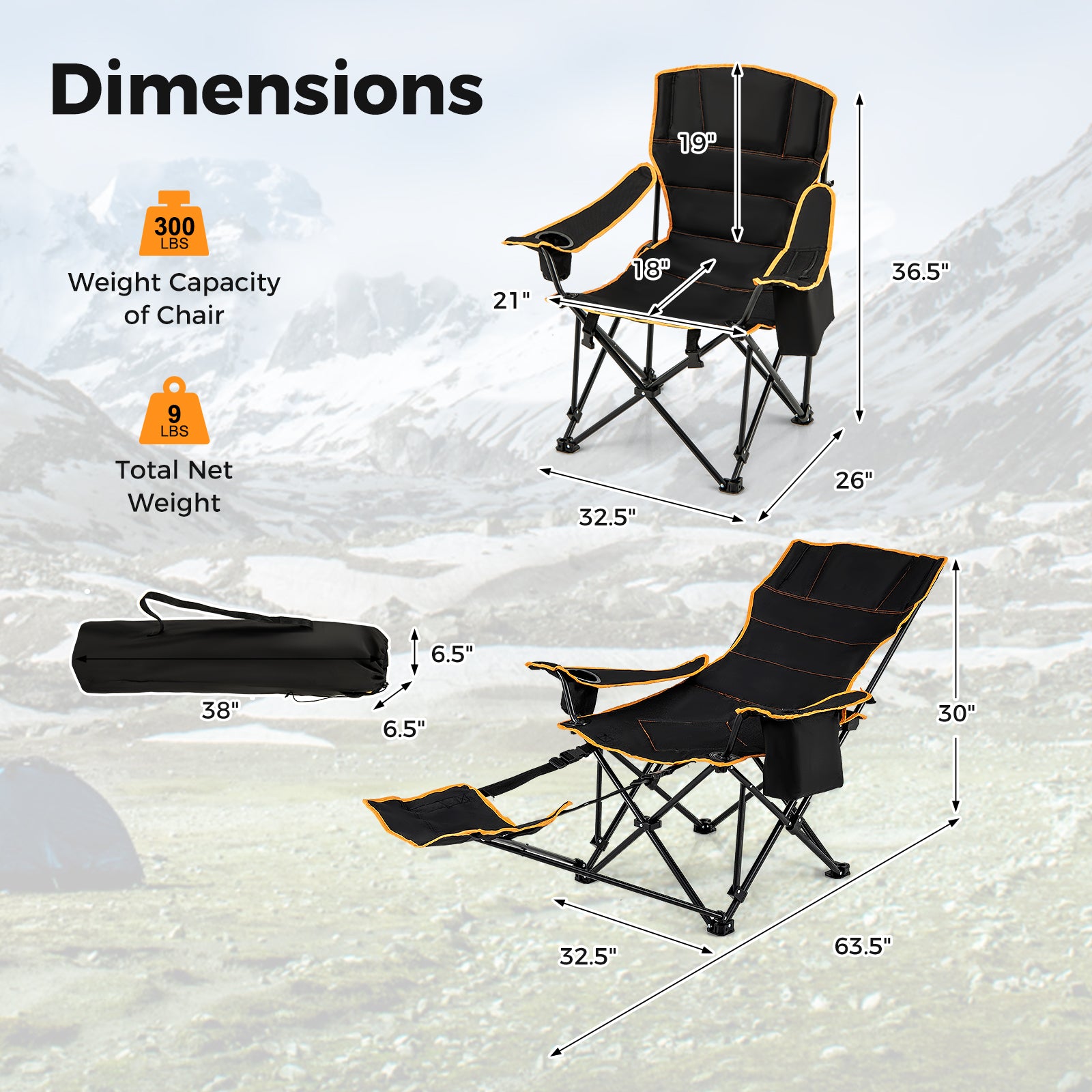 Folding Camping Chair with Footrest Camping Lounge Chair with Carry Bag, Black Camping Furniture at Gallery Canada
