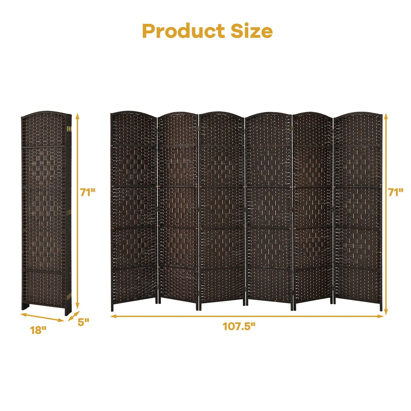 6.5Ft 6-Panel Weave Folding Fiber Room Divider Screen, Brown Room Dividers at Gallery Canada
