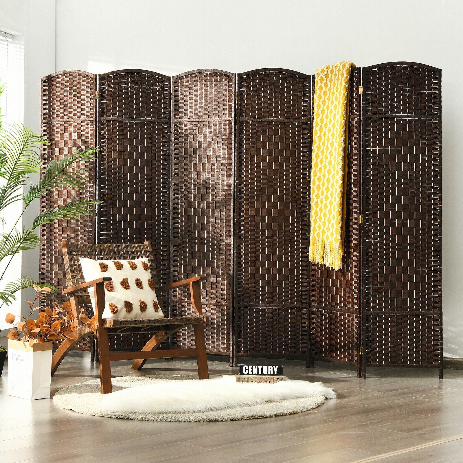 6.5Ft 6-Panel Weave Folding Fiber Room Divider Screen, Brown Room Dividers at Gallery Canada