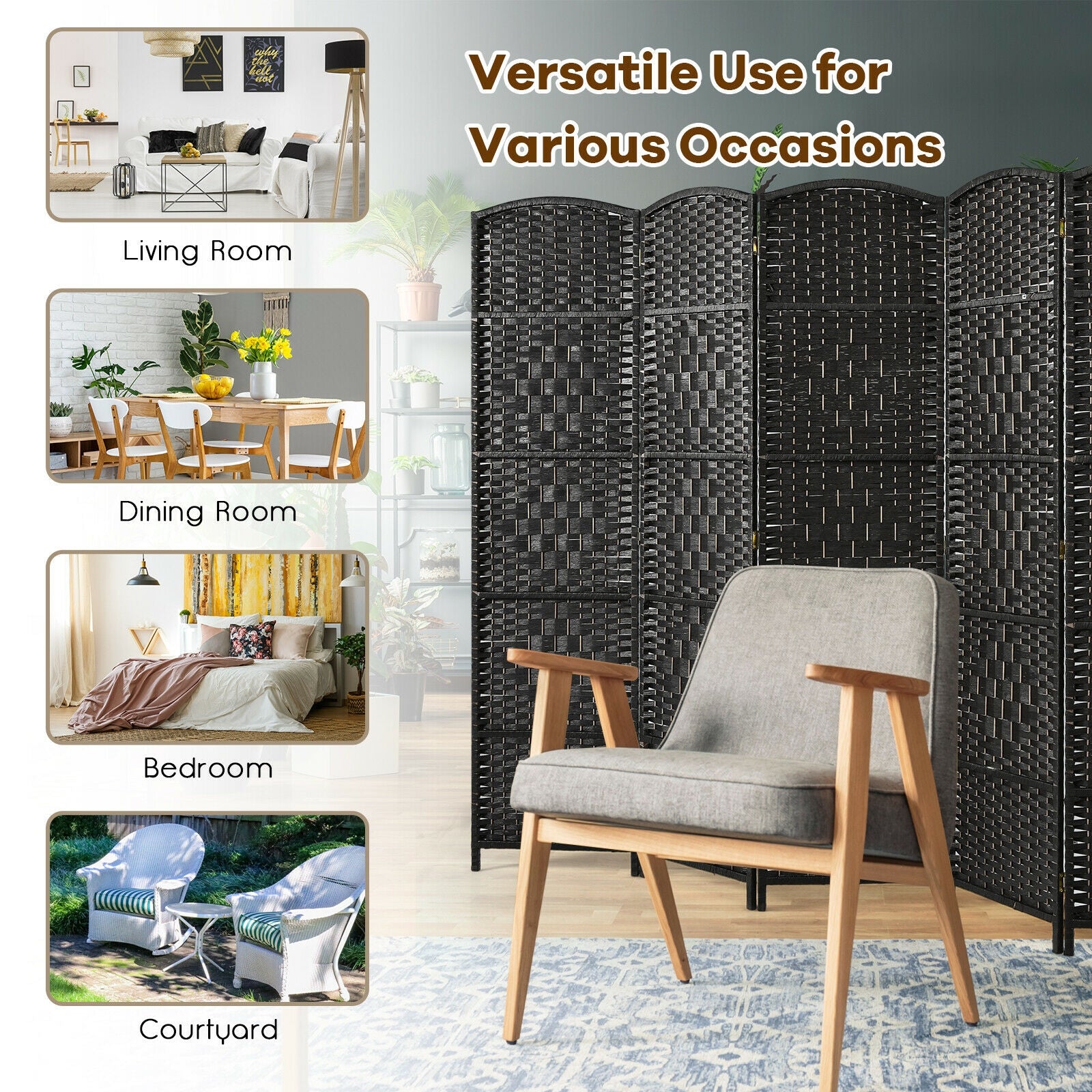 6.5Ft 6-Panel Weave Folding Fiber Room Divider Screen, Black Room Dividers at Gallery Canada