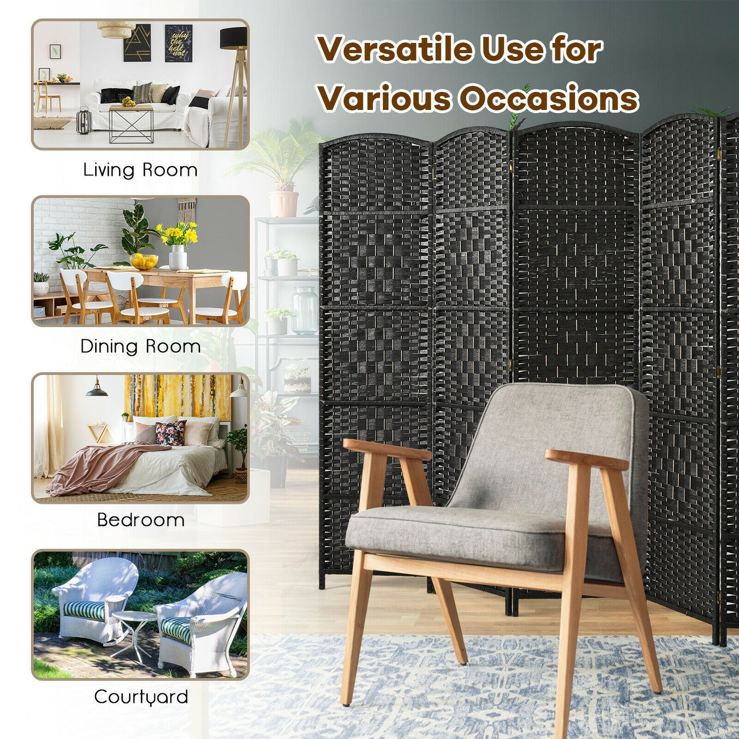 6.5Ft 6-Panel Weave Folding Fiber Room Divider Screen, Black Room Dividers at Gallery Canada