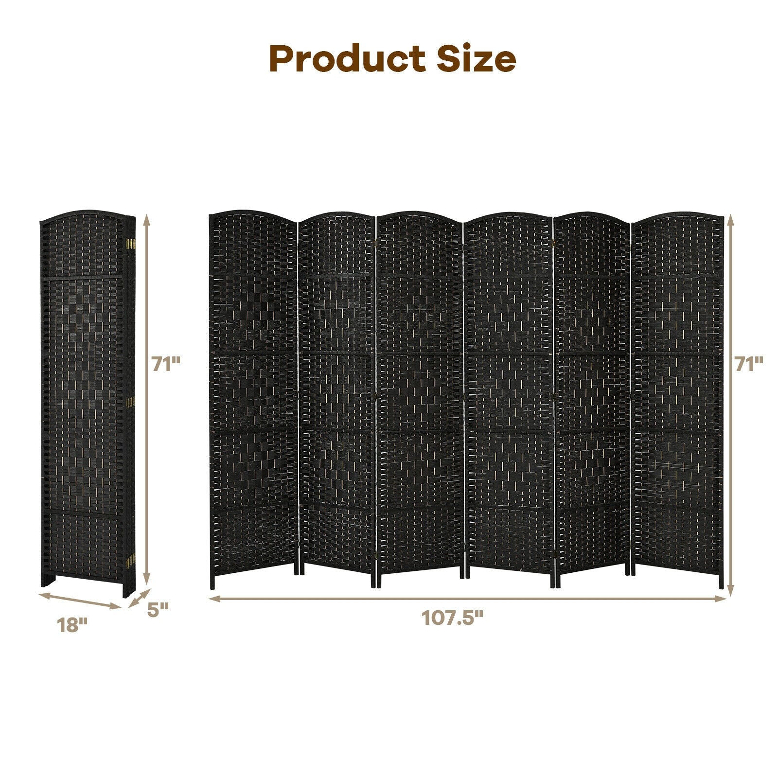 6.5Ft 6-Panel Weave Folding Fiber Room Divider Screen, Black Room Dividers at Gallery Canada