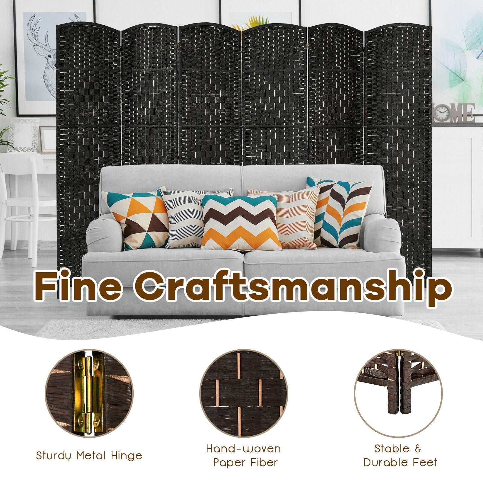 6.5Ft 6-Panel Weave Folding Fiber Room Divider Screen, Black Room Dividers at Gallery Canada